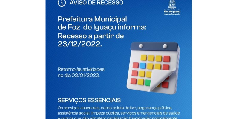 Prefeitura de Foz inicia recesso nesta quinta-feira (23) e retorna no dia 3 de janeiro