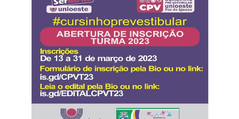 Secretaria da Juventude e Unioeste Foz abrem inscrições para cursinho pré-vestibular gratuito