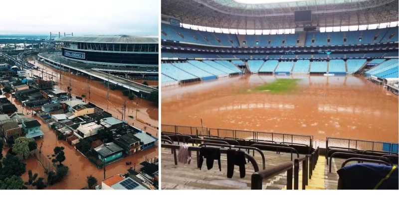 Gramado da Arena do Grêmio inunda após cheias em Porto Alegre