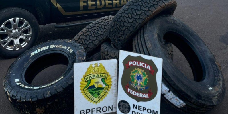 PF e PM apreendem pneus contrabandeados do Paraguai