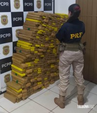 PRF apreende 415 quilos de maconha após traficante bater carro em árvore em Céu Azul