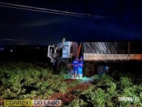 Caminhão bitrem invade lavoura de soja e atinge poste de energia na PR-495 em Santa Helena