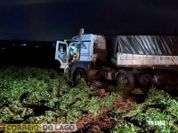 Caminhão bitrem invade lavoura de soja e atinge poste de energia na PR-495 em Santa Helena