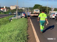 Veiculo sai da pista para não atropelar cachorro e cai na canaleta central da BR-277