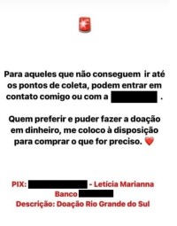 Filha de Michelle Bolsonaro divulga conta pessoal ao pedir Pix para o RS