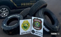PF e PM apreendem pneus contrabandeados do Paraguai