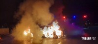 Carro colide com mureta e pega fogo na Av. das Cataratas e motorista foge do local