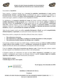 Sindicato denuncia desigualdade logística na fronteira e cobra respeito aos motoristas de cargas Sindicato denuncia desigualdade logística na fronteira e cobra respeito aos motoristas de cargas