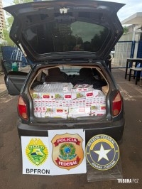 PF, PM e Receita Federal apreendem veículo carregado com cigarros contrabandeados em Medianeira PF, PM e Receita Federal apreendem veículo carregado com cigarros contrabandeados em Medianeira