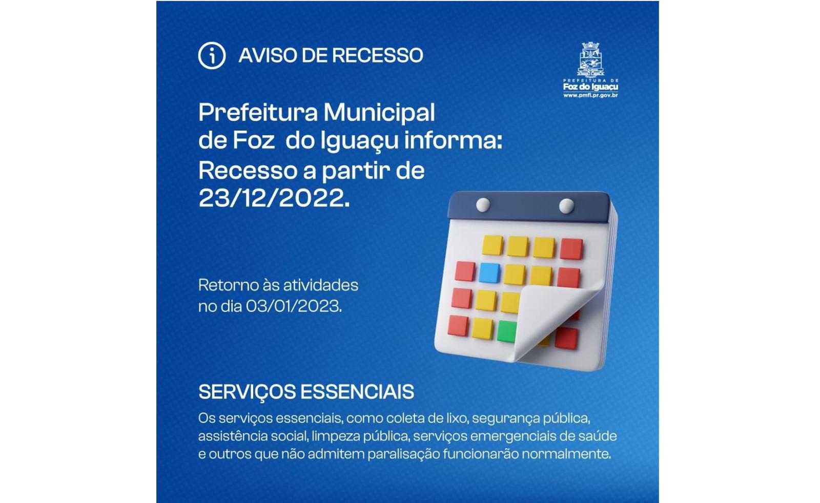 Prefeitura de Foz inicia recesso nesta quinta-feira (23) e retorna no dia 3 de janeiro