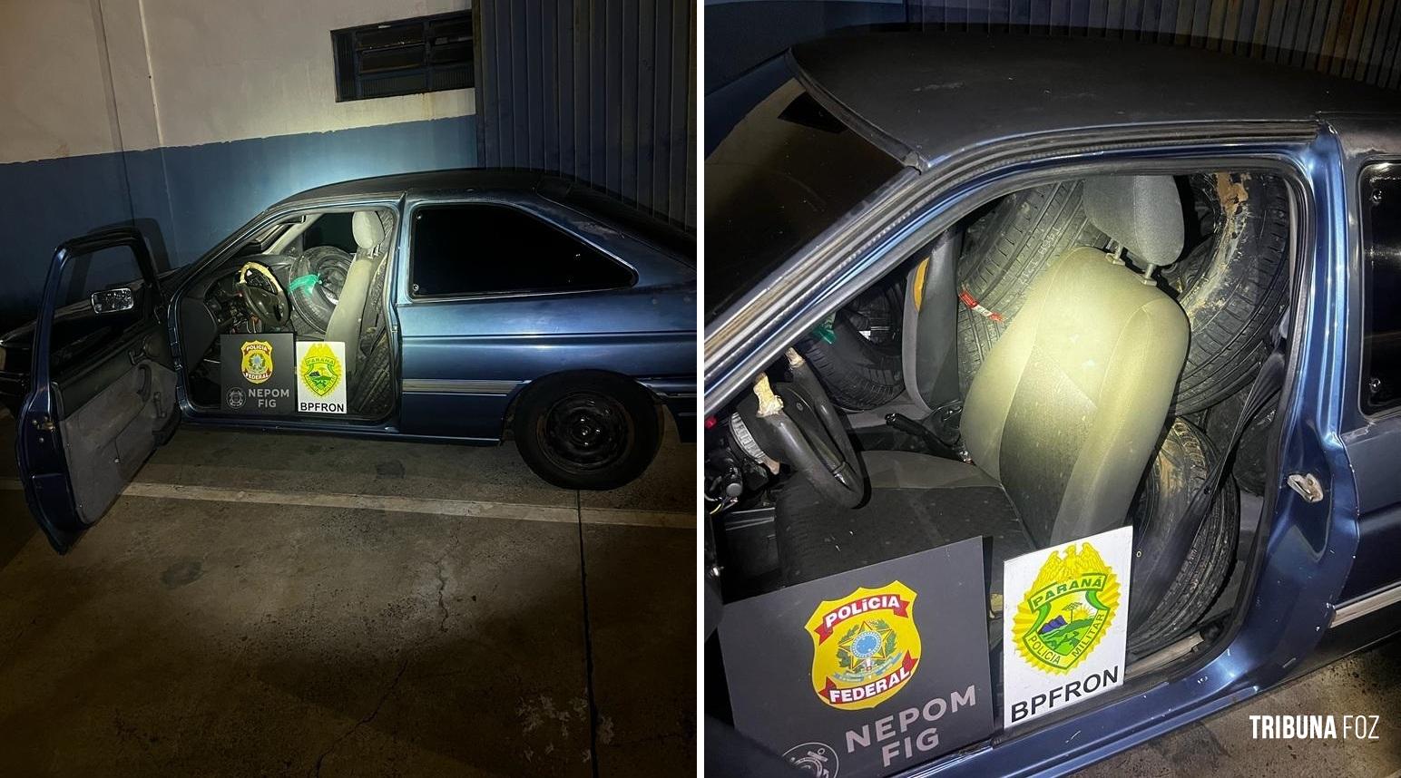 PF e BPFRON apreendem carro com contrabando de pneus em Foz do Iguaçu