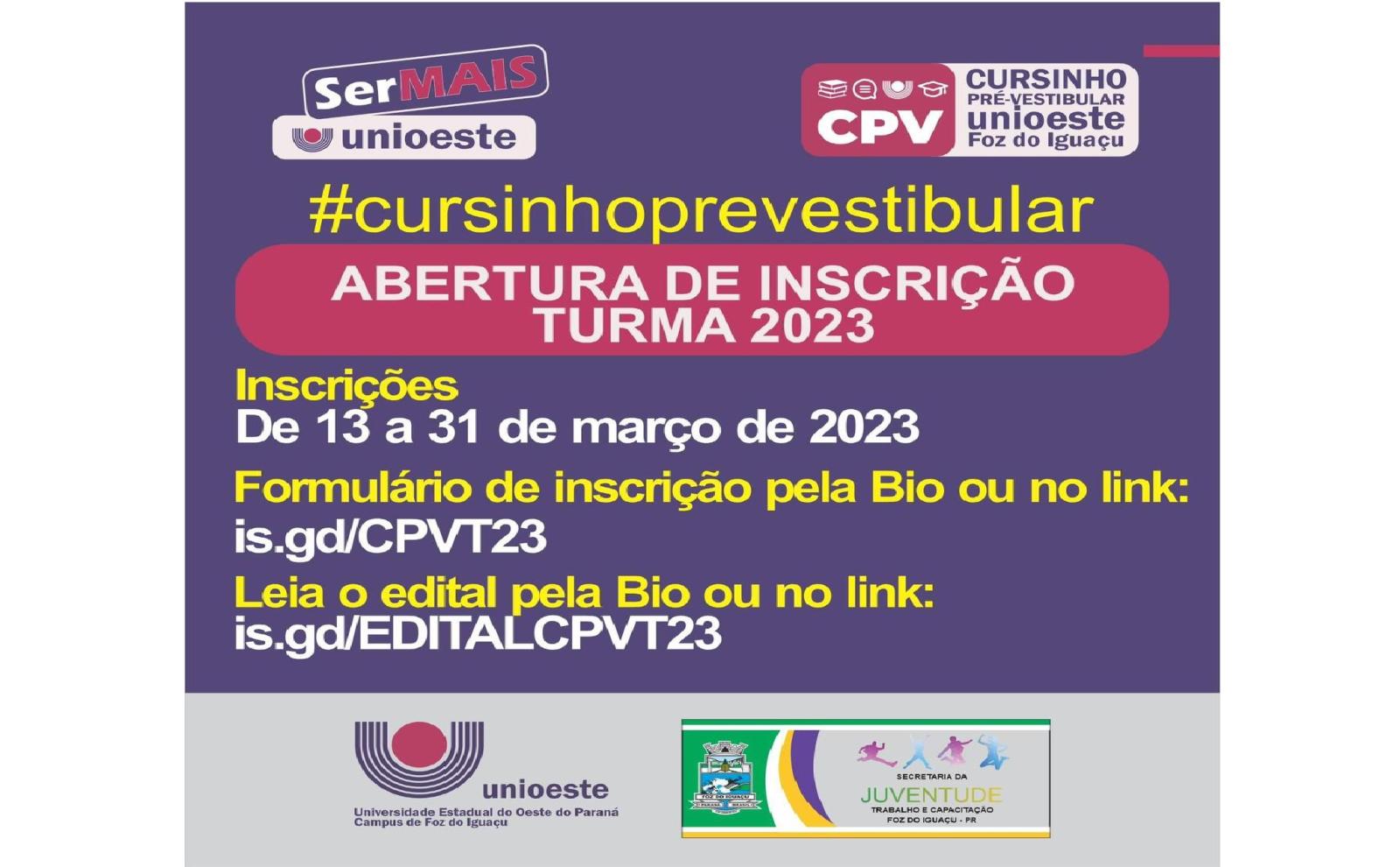 Secretaria da Juventude e Unioeste Foz abrem inscrições para cursinho pré-vestibular gratuito