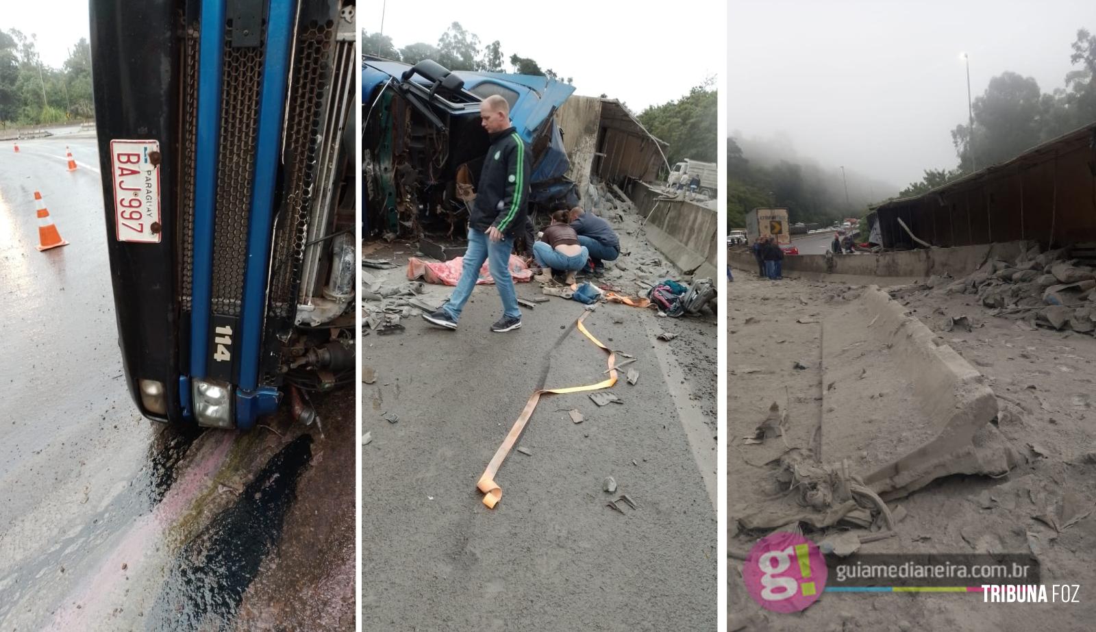 Carreta carregada com cimento tomba na BR-277 na curva do Castelinho em Matelândia