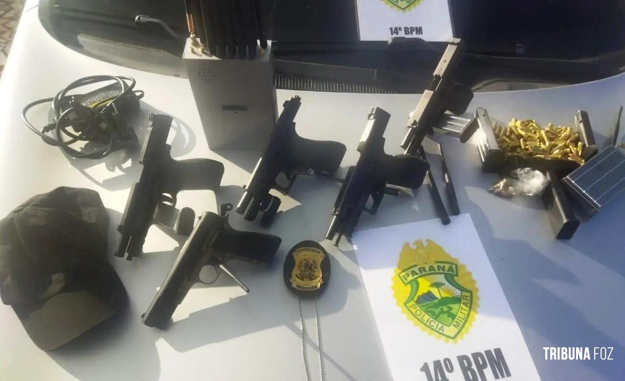 PM e DENARC apreendem armas, munições e bloqueadores de sinal em Santa Terezinha de Itaipu