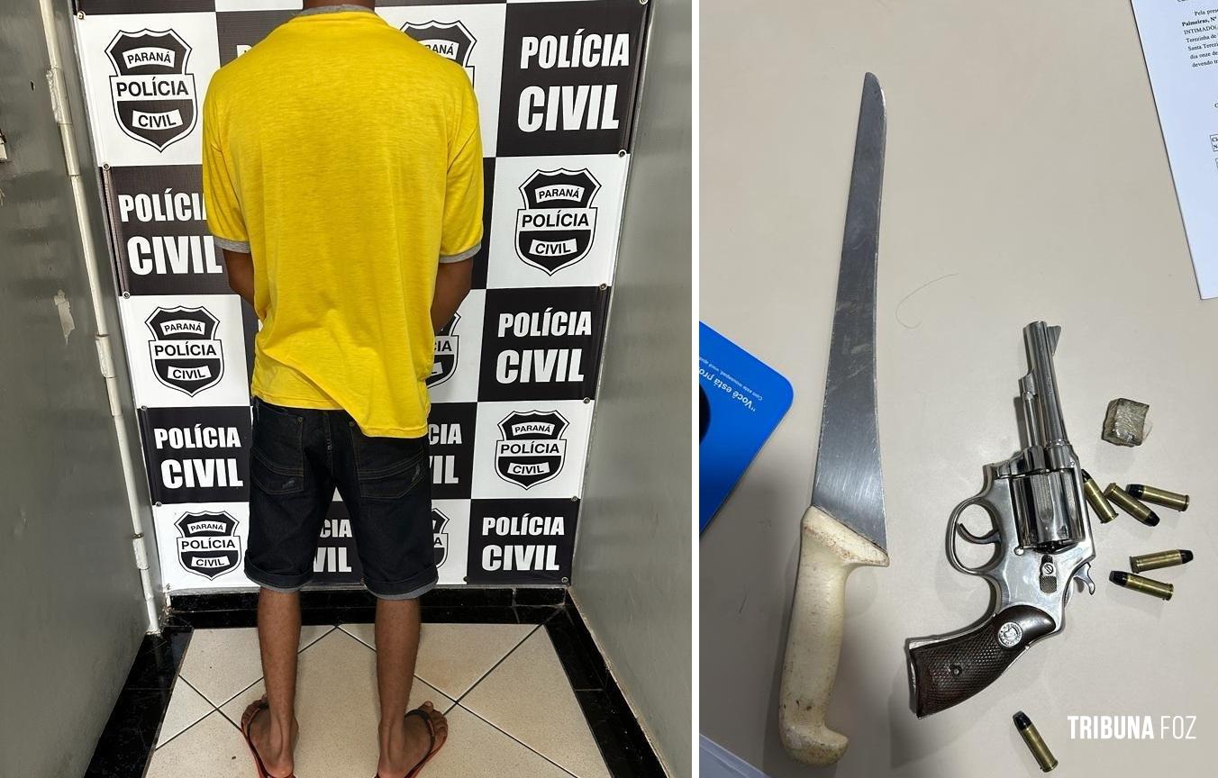 A Polícia Civil de Santa Terezinha de Itaipu prende homem com arma, droga e uma faca