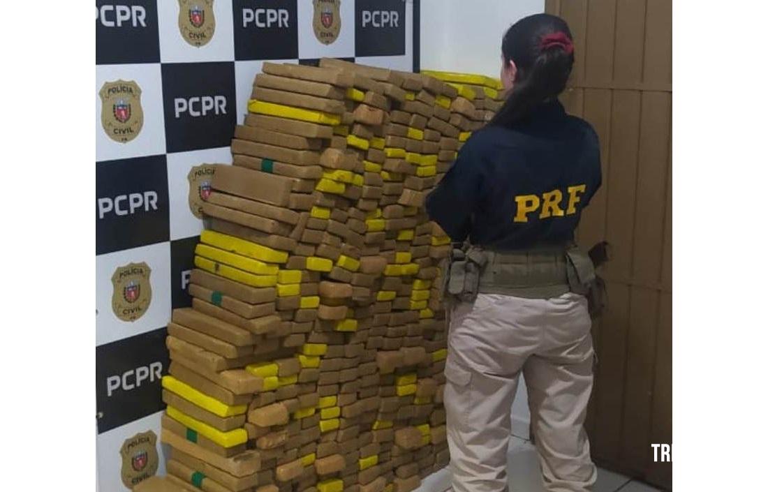 PRF apreende 415 quilos de maconha após traficante bater carro em árvore em Céu Azul