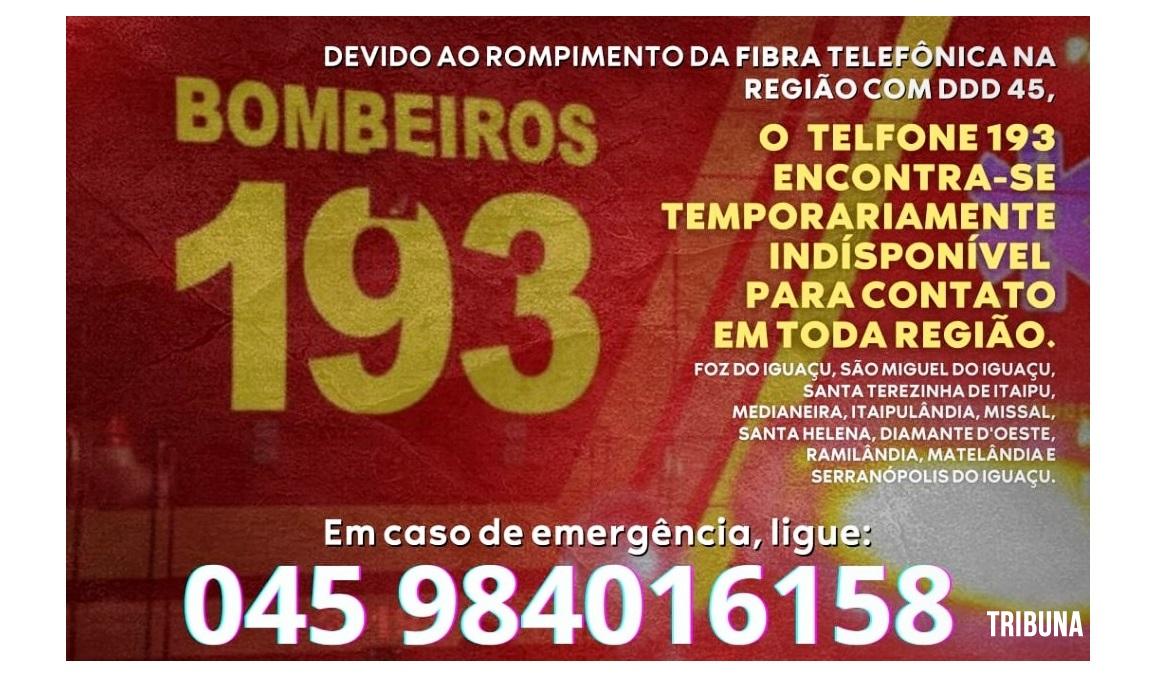 Telefone de emergência 193 fica inoperante após rompimento de cabeamento