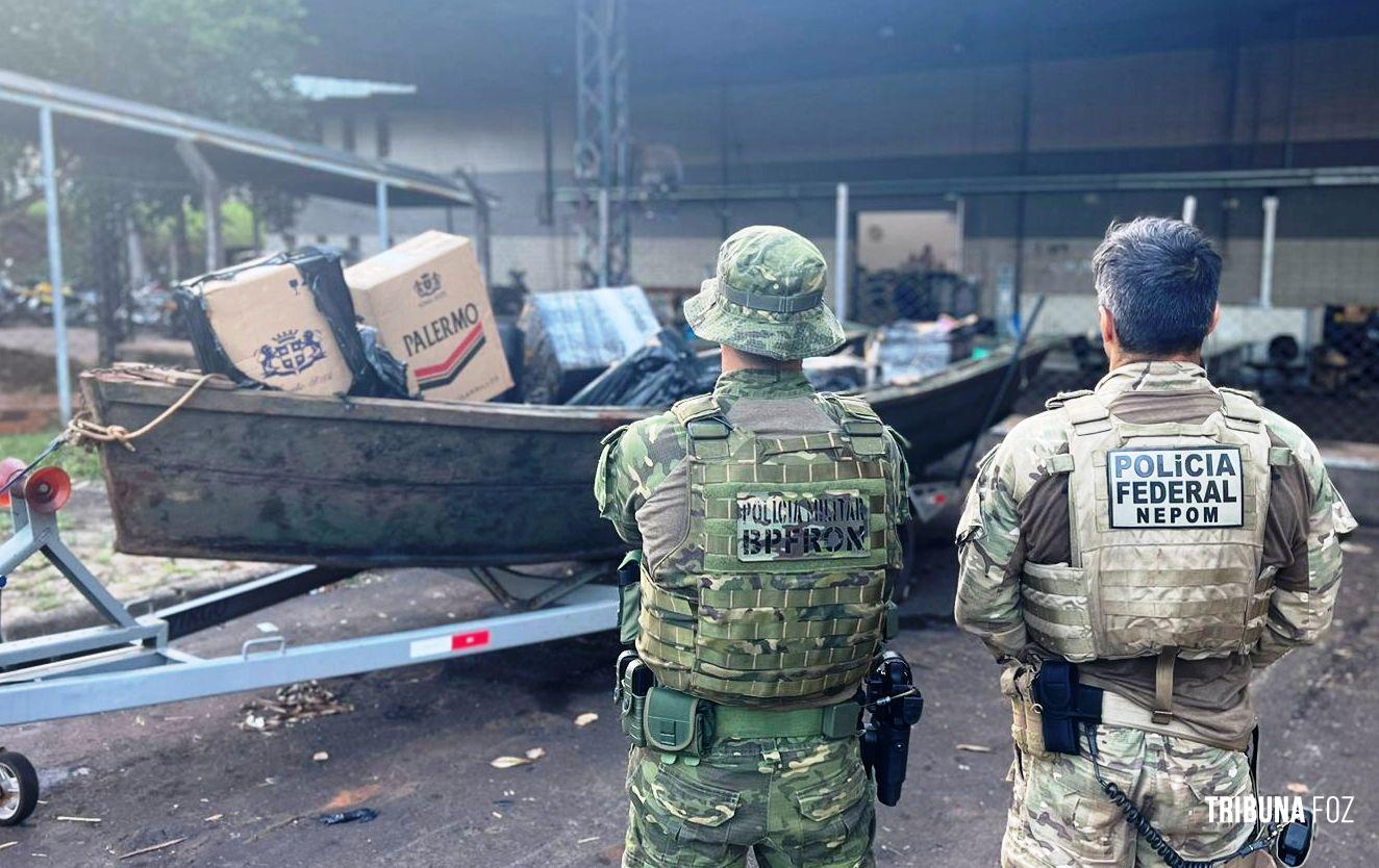 BPFRON e Polícia Federal apreendem barco carregado com cigarros em Foz do Iguaçu