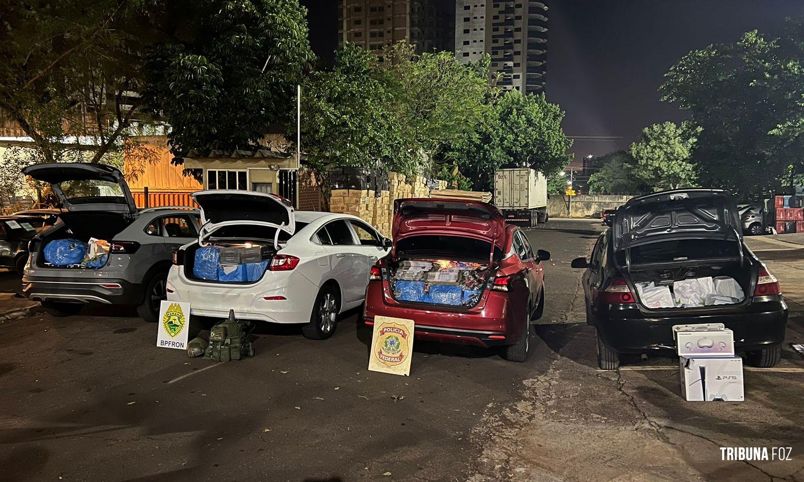 Policia Federal e Exército apreendem veículos carregados com produtos contrabandeados em um estacionamento de Foz do Iguaçu