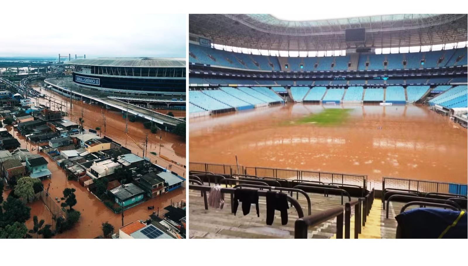 Gramado da Arena do Grêmio inunda após cheias em Porto Alegre