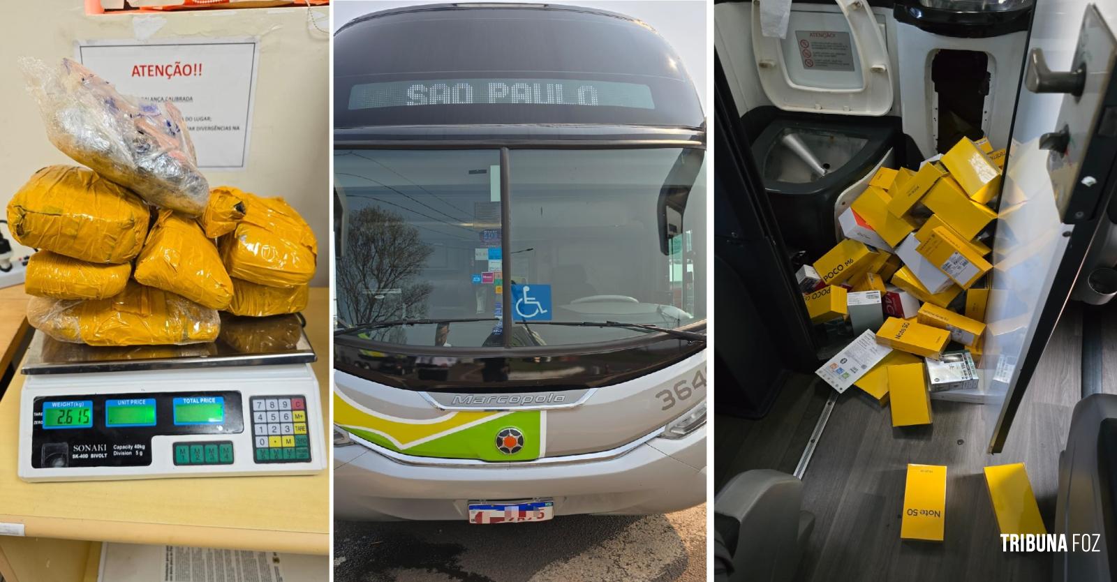 Policia Federal apreende maconha e produtos eletrônicos descaminhados em dois ônibus de turismo