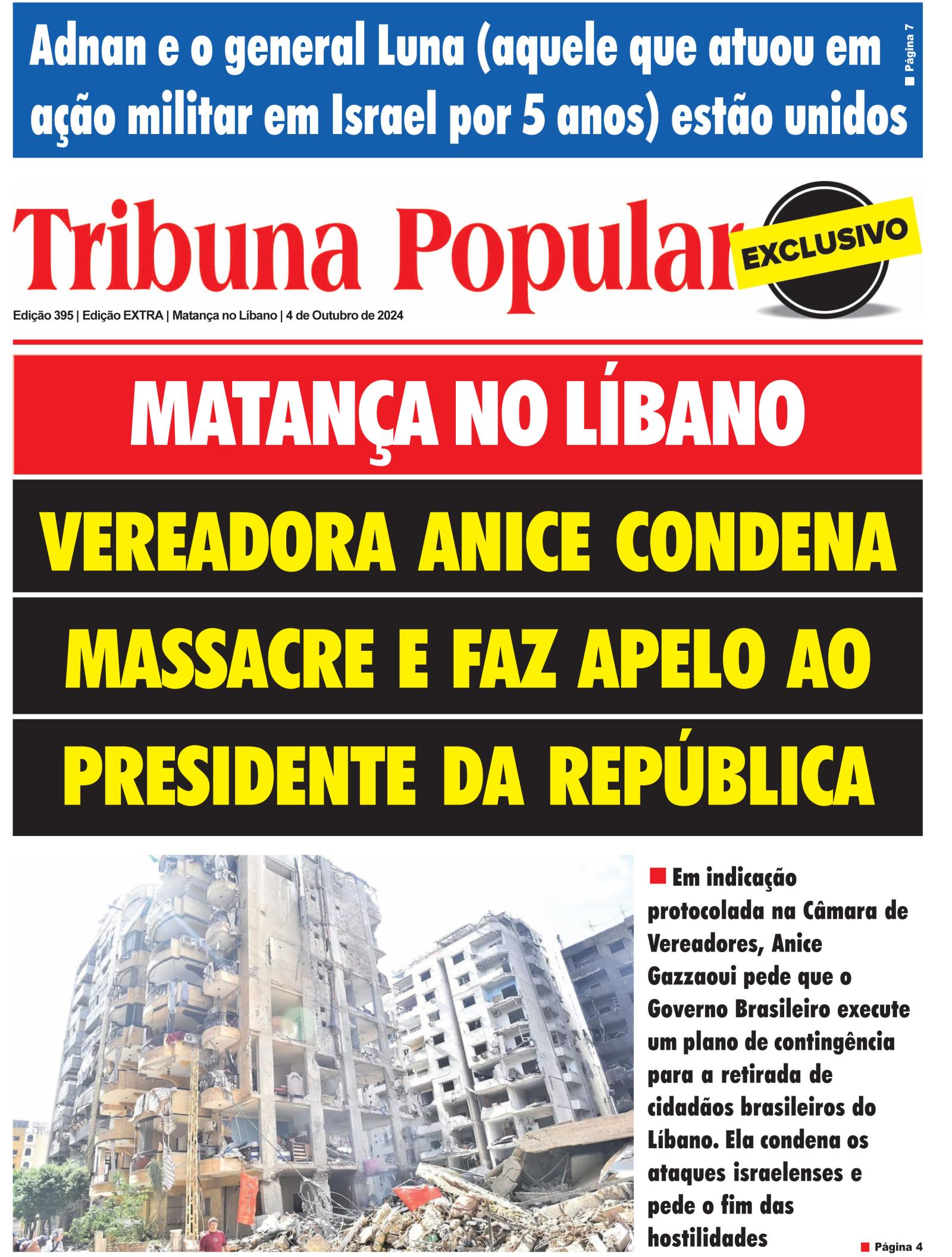 Jornal Tribuna Popular - Edição 395 - Edição Extra - Matança no Líbano