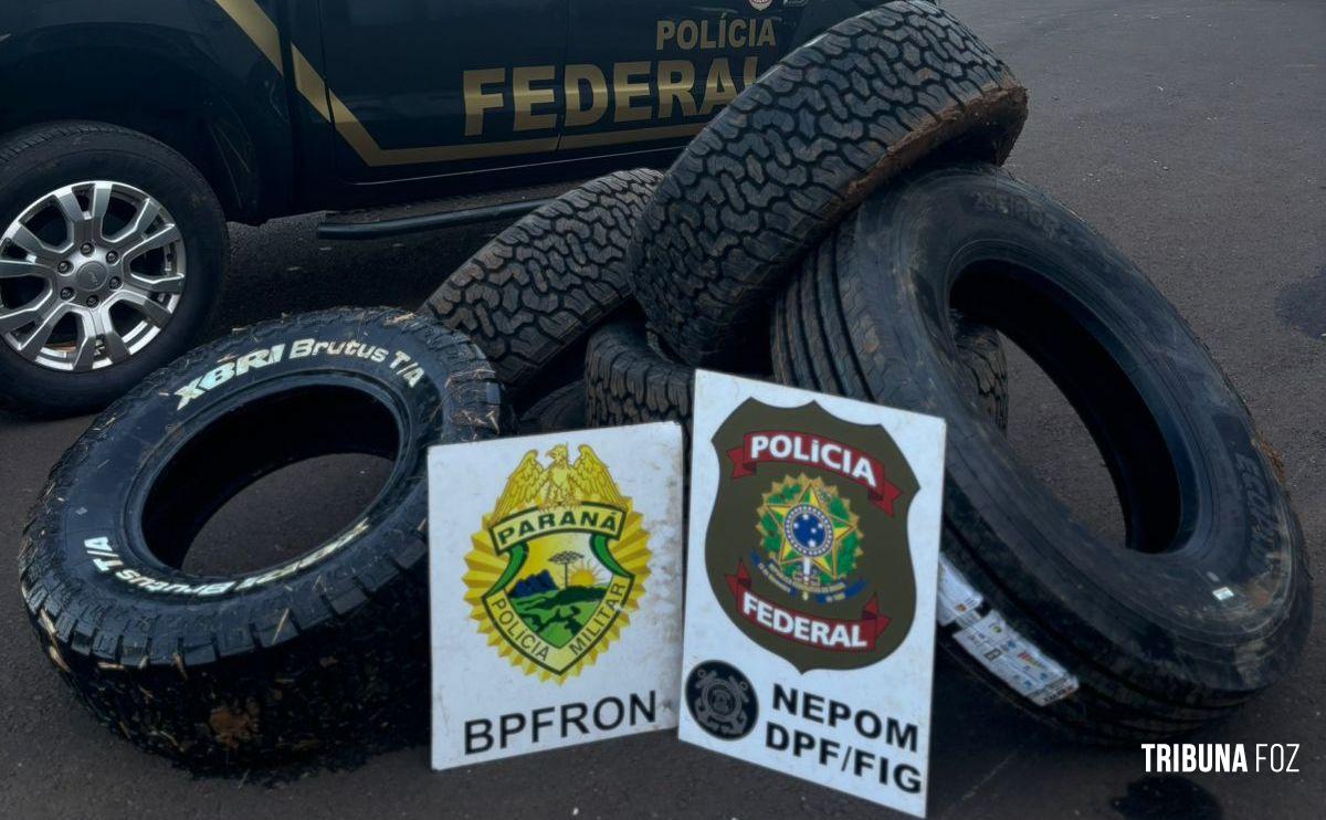 PF e PM apreendem pneus contrabandeados do Paraguai PF e PM apreendem pneus contrabandeados do Paraguai