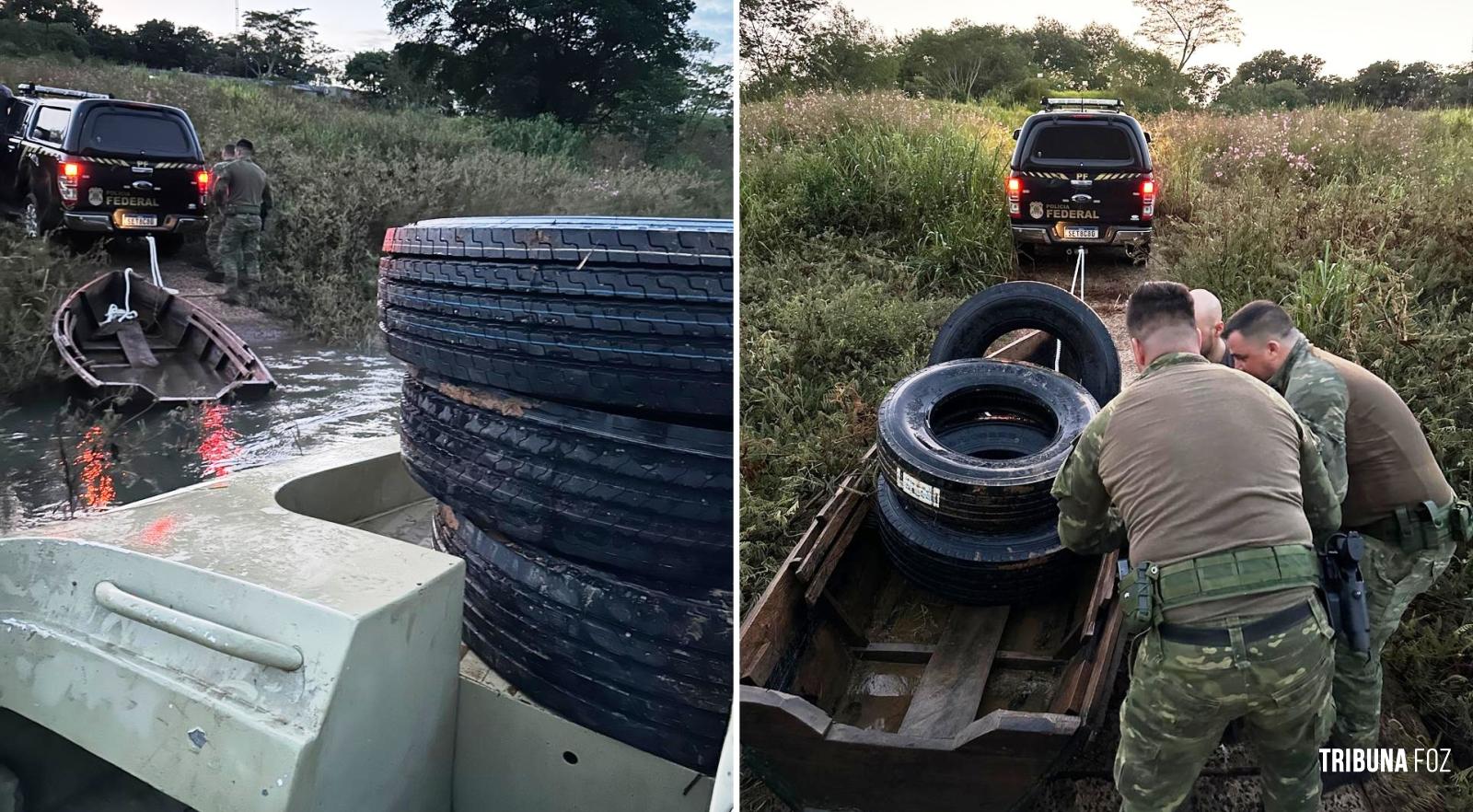 Policia Federal e PM apreendem pneus contrabandeados em barco no Rio Paraná Policia Federal e PM apreendem pneus contrabandeados em barco no Rio Paraná