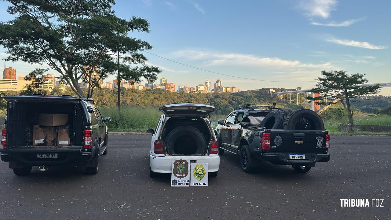 PF e PMPR apreendem veículo, cigarros e pneus contrabandeados em porto clandestino em Foz do Iguaçu PF e PMPR apreendem veículo, cigarros e pneus contrabandeados em porto clandestino em Foz do Iguaçu