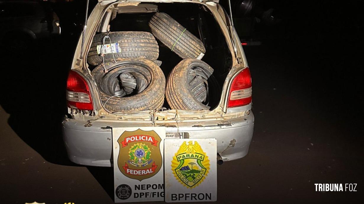 PF e PMPR apreendem veículo com 30 pneus contrabandeados em Foz do Iguaçu PF e PMPR apreendem veículo com 30 pneus contrabandeados em Foz do Iguaçu