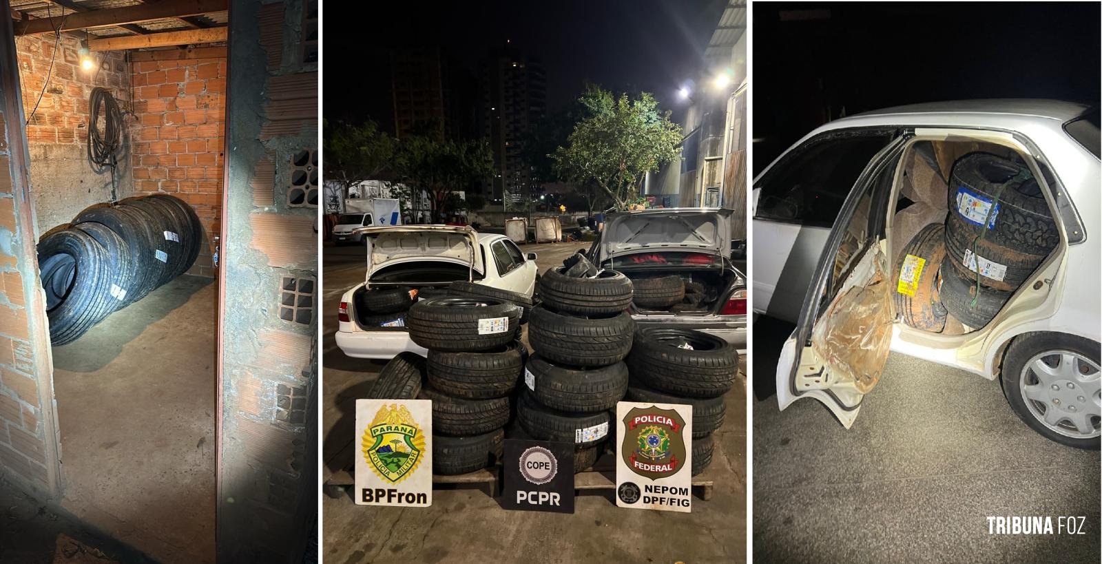 Depósito com dois veículos e 160 pneus trazidos do Paraguai são apreendidos pelas forças policiais Depósito com dois veículos e 160 pneus trazidos do Paraguai são apreendidos pelas forças policiais