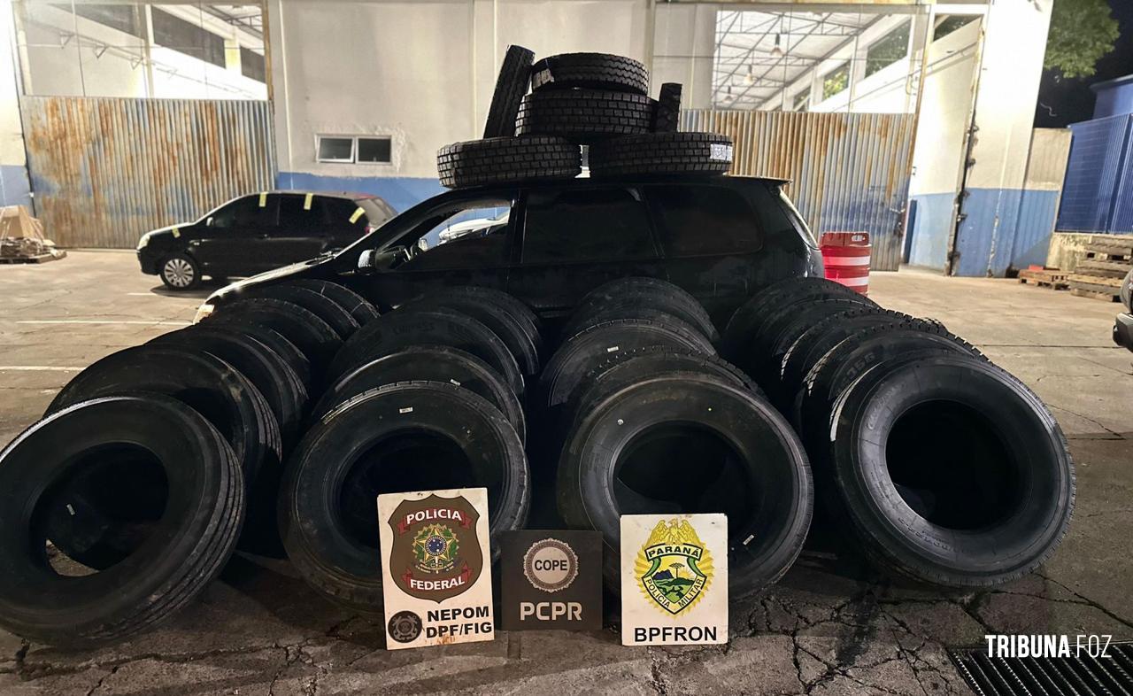 Policia Federal, Policia Civil e Policia Militar apreendem veículo e pneus contrabandeados em Foz do Iguaçu