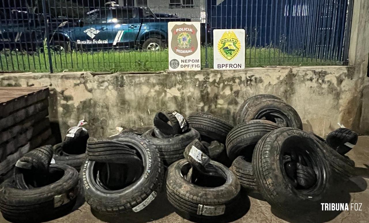 Policia Federal e PM apreendem cerca de 70 pneus contrabandeados em Foz do Iguaçu