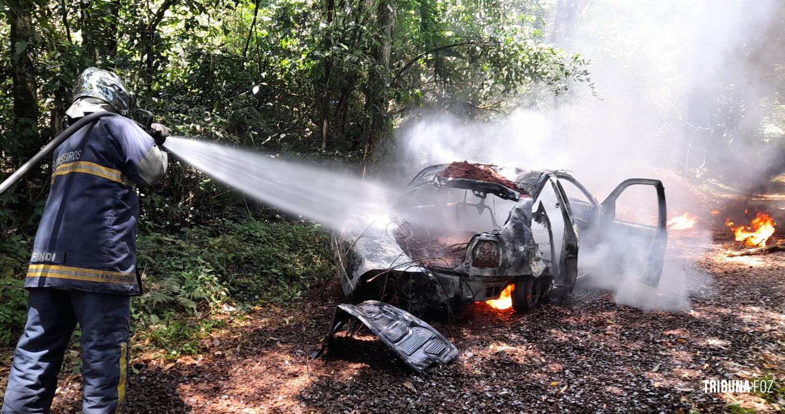 Carro pega fogo e coloca em risco incêndio na mata as margens do Parque Nacional do Iguaçu