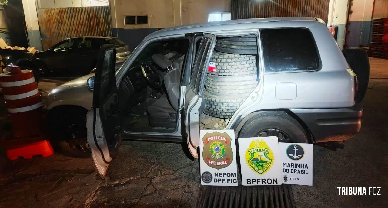 PF, PM e Marinha interceptam veículo paraguaio carregado com pneus as margens do Rio Paraná