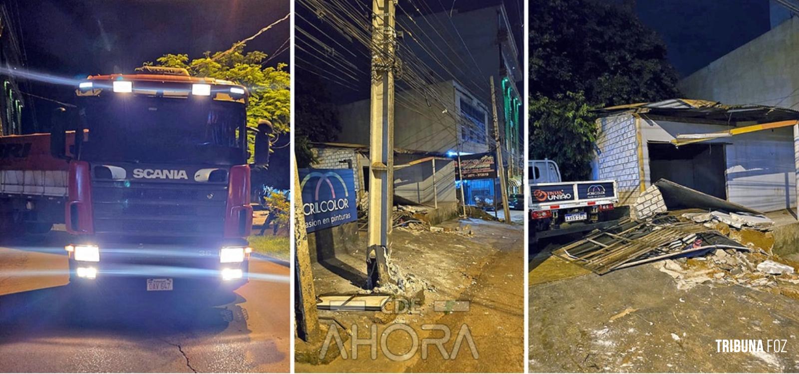 Caminhão não consegue subir ladeira, recua bruscamente, atingiu um poste de energia e danificou parte de uma casa em Ciudad Del Este 