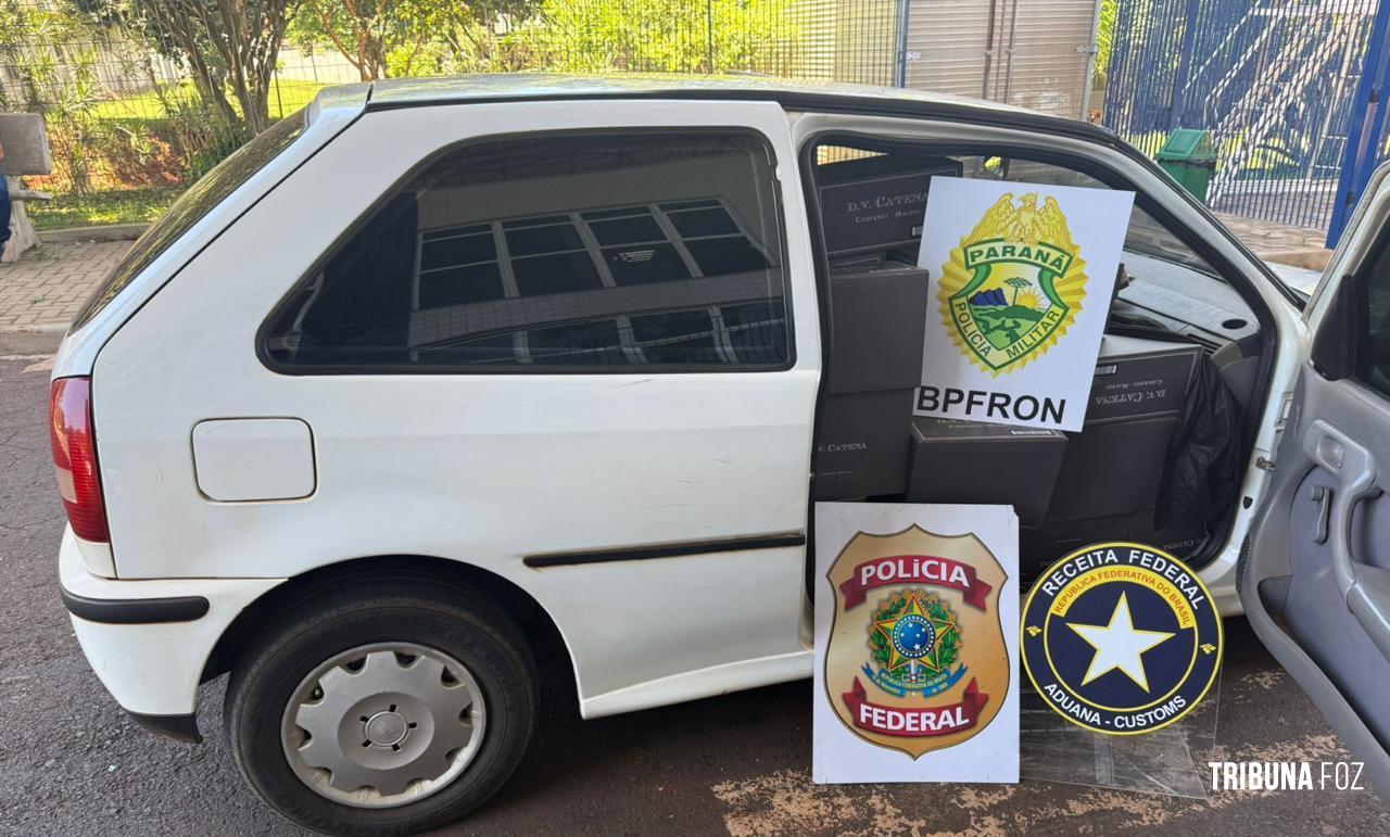 PF, PM e Receita Federal apreendem veículo carregado com vinhos argentinos no Bairro Porto Meira em Foz do Iguaçu