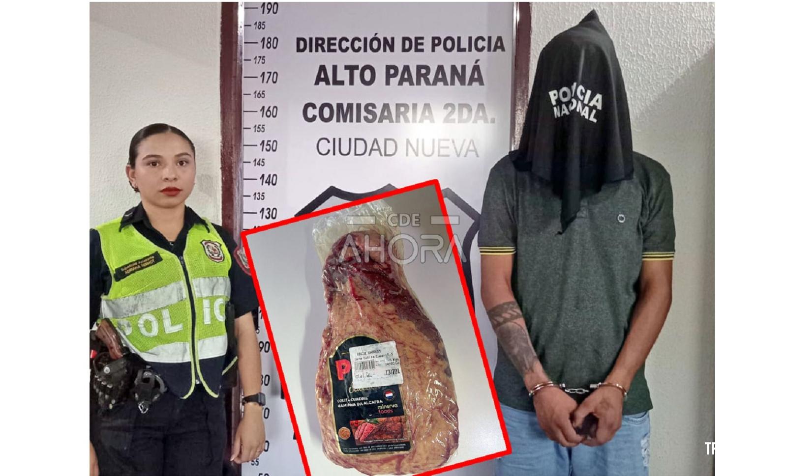 Devido a circunstâncias imprevistas, o churrasco foi cancelado: ele tentou esconder uma peça de picanha sob a roupa e acabou preso