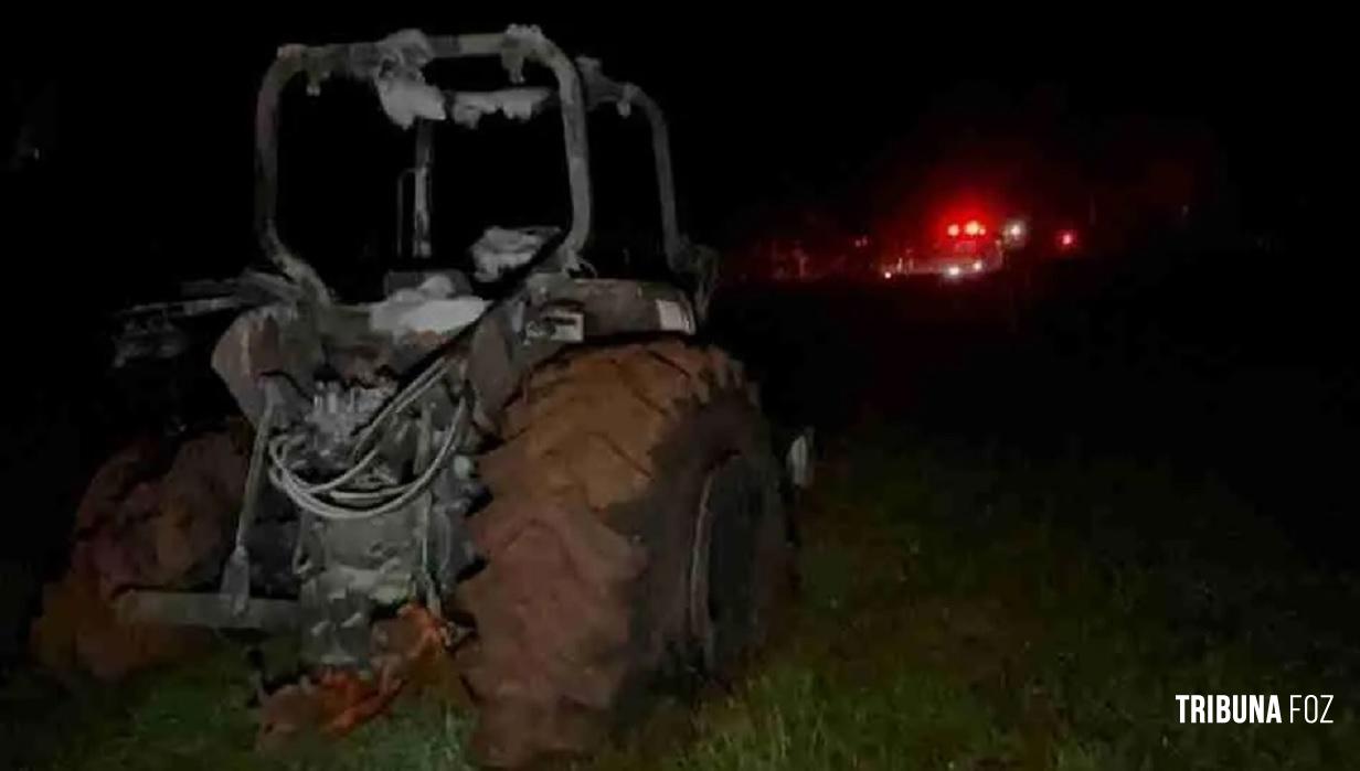 Incêndio destrói trator e mobiliza funcionários em fazenda no interior de Santa Tereza do Oeste