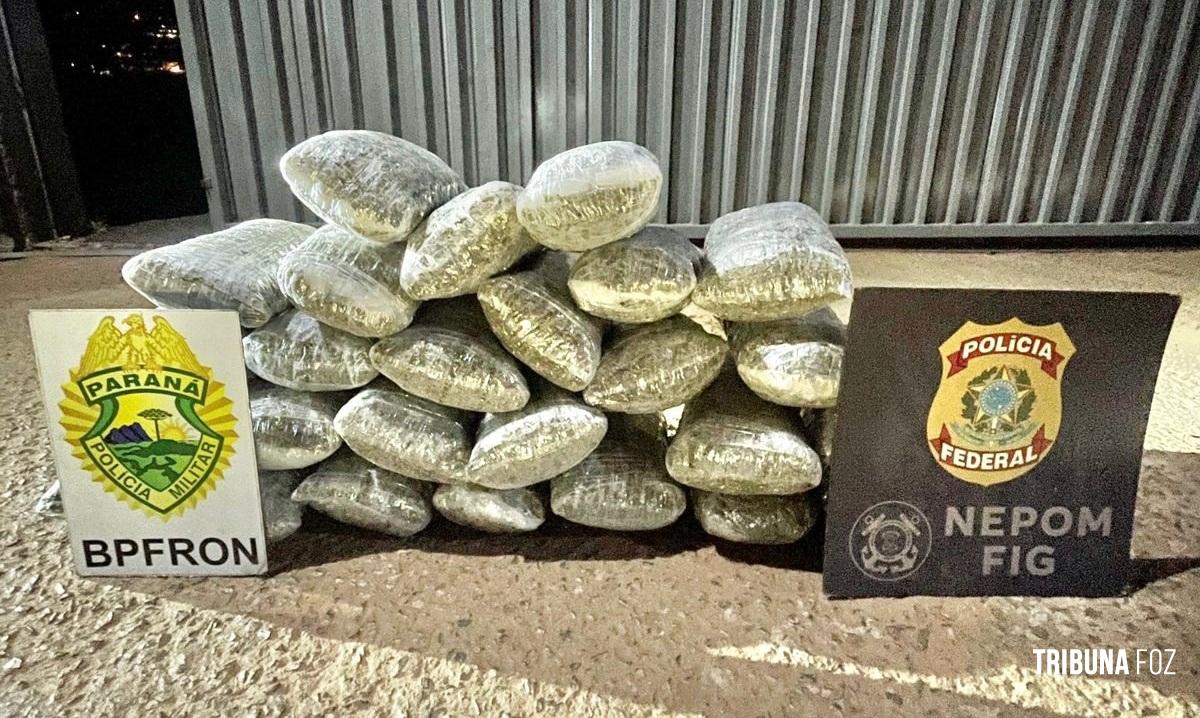PF e PM apreende 33,5 Kg de maconha tipo capulho na barranca do Rio Paraná em Foz do Iguaçu