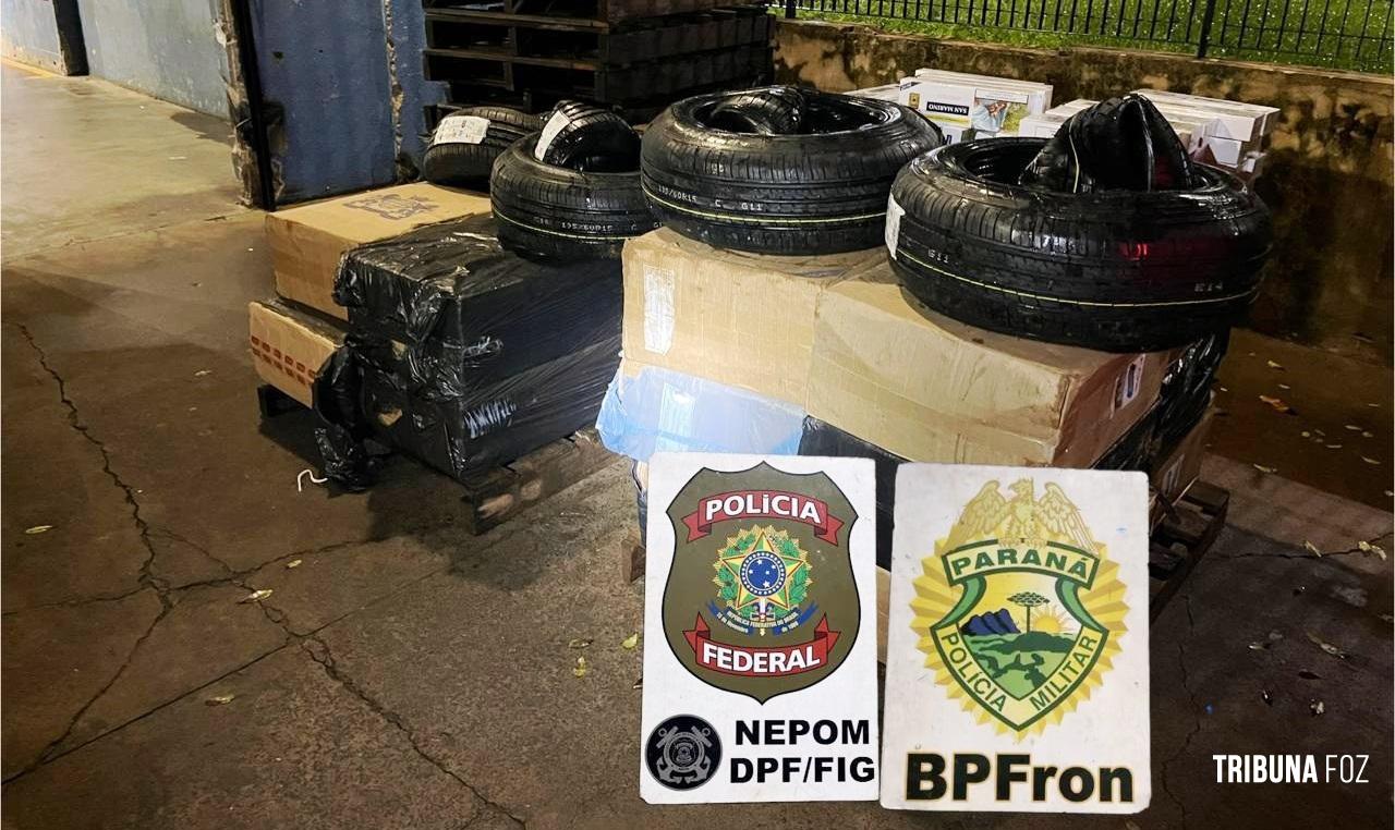 PF e PM localizam depósito clandestino com cigarros e pneus contrabandeados em Foz do Iguaçu