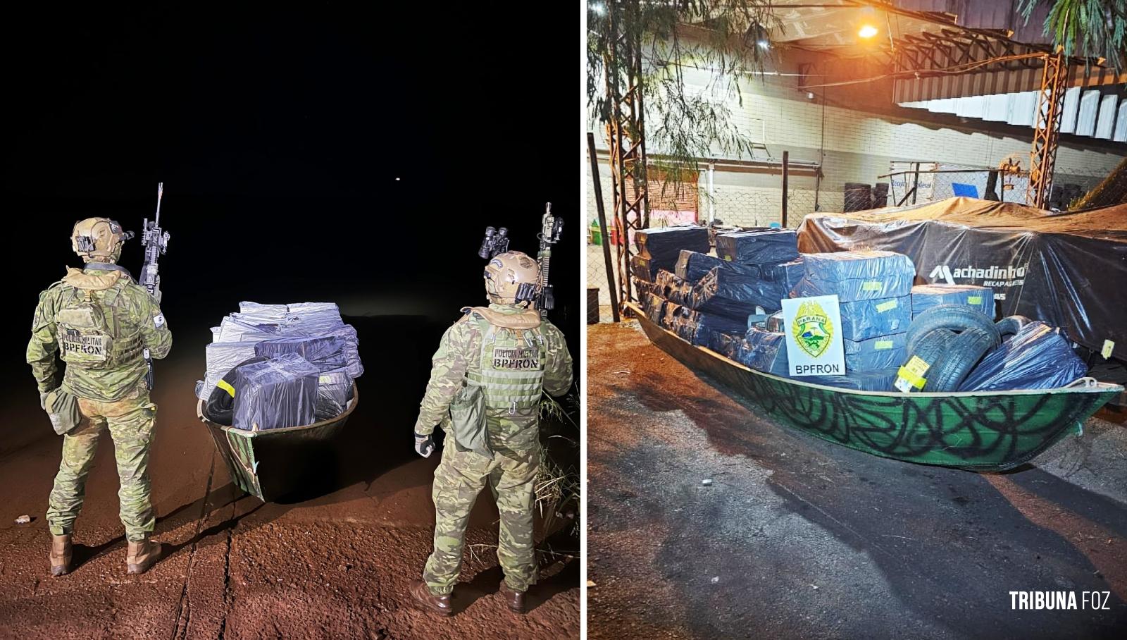 BPFRON apreende embarcação carregada com cigarros contrabandeados e pneus em Itaipulândia