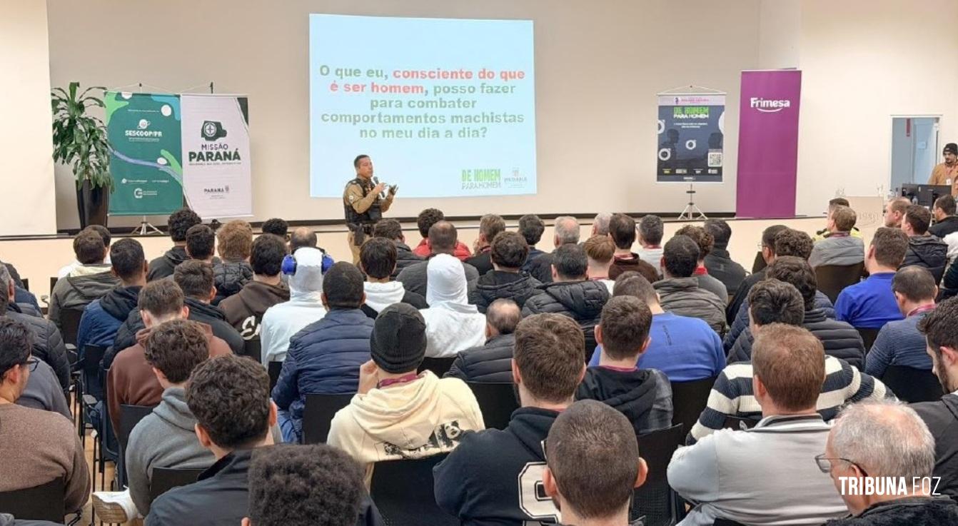 Patrulha Maria da Penha da PM promove ações de conscientização sobre prevenção à violência doméstica em empresa de Medianeira