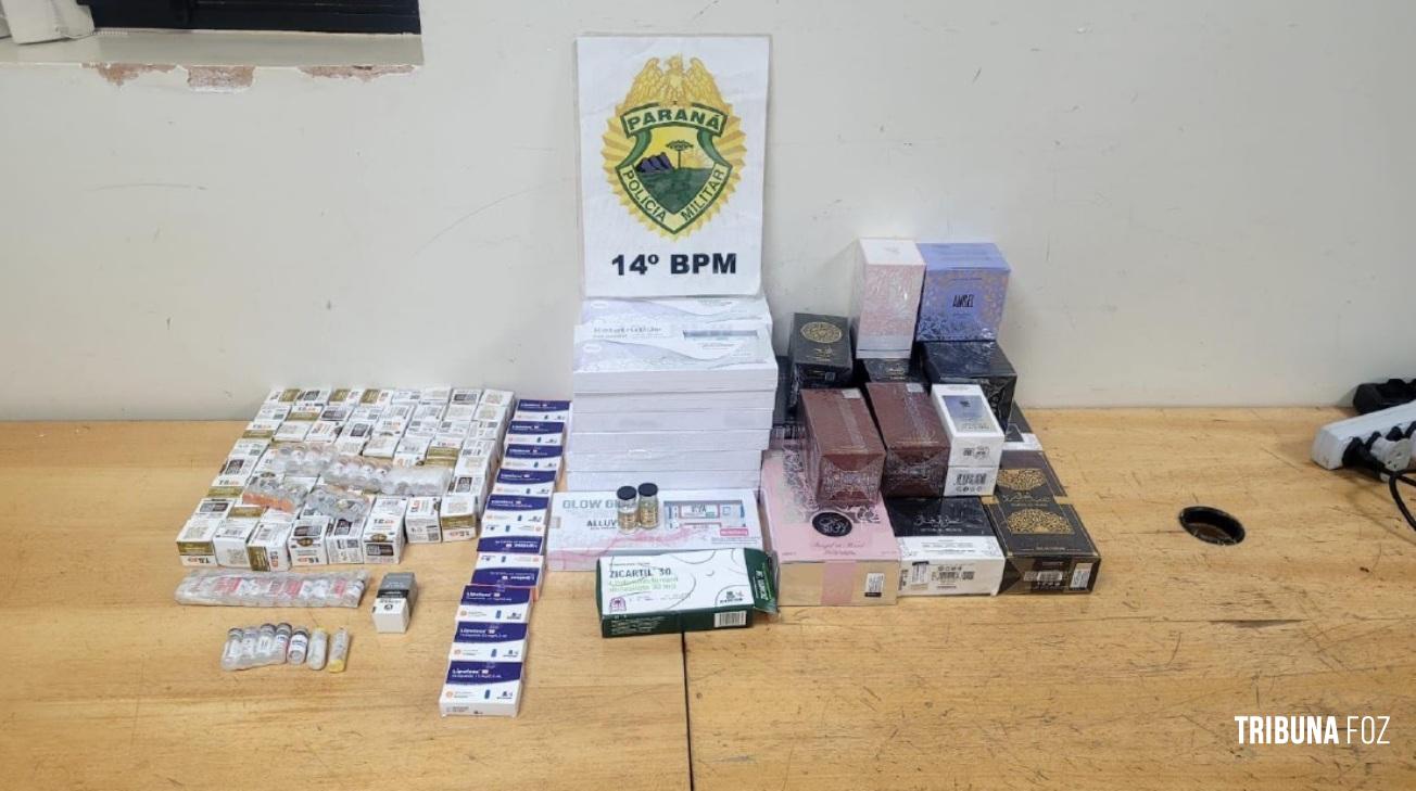 PM apreende medicamentos e perfumes de origem estrangeira durante fiscalização em ônibus interestadual em Foz do Iguaçu 