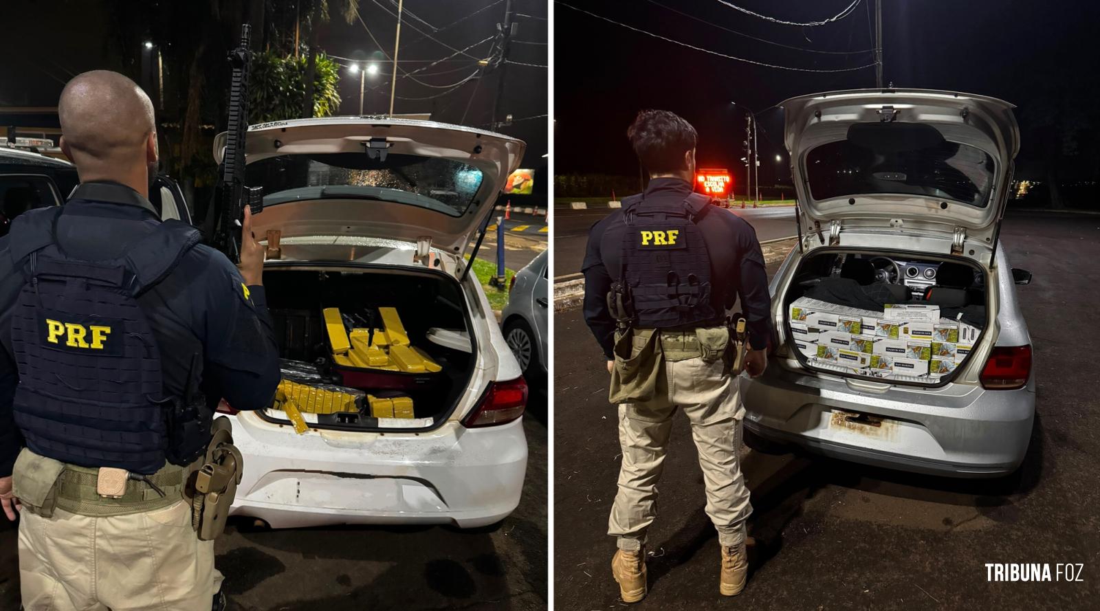 PRF apreende 123 quilos de maconha e cerca de 3 mil maços de cigarros em menos de 10 minutos na BR-277, em Santa Terezinha de Itaipu