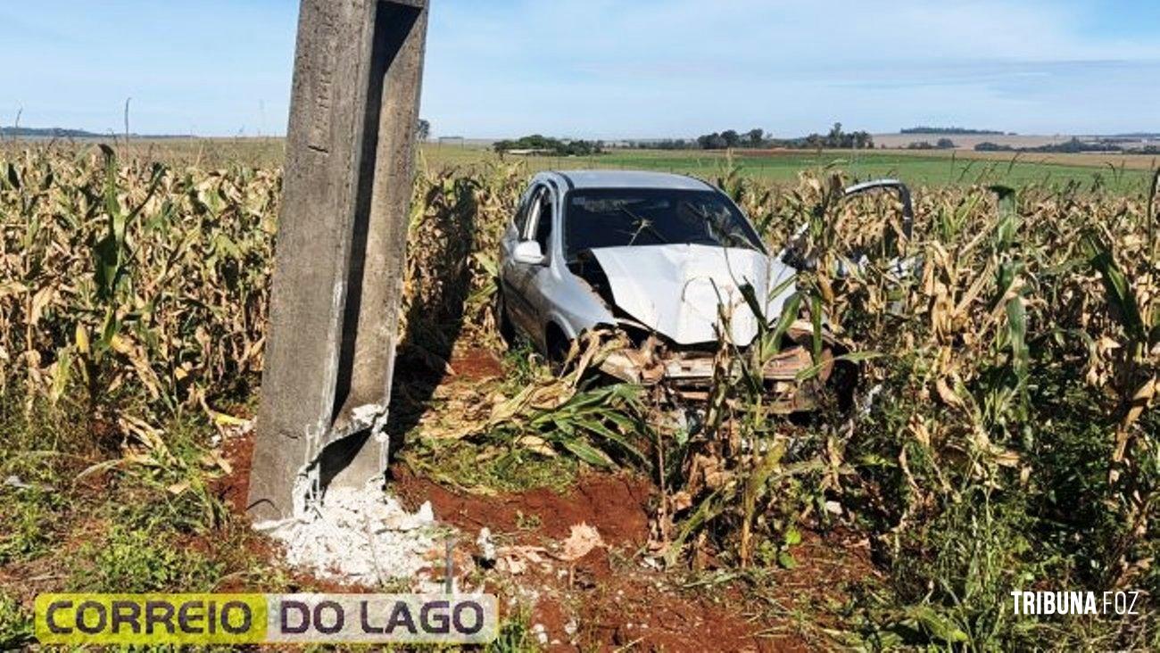 Violenta colisão arranca poste na PR-488 e mobiliza equipes de socorro entre Santa Helena e Esquina Céu Azul