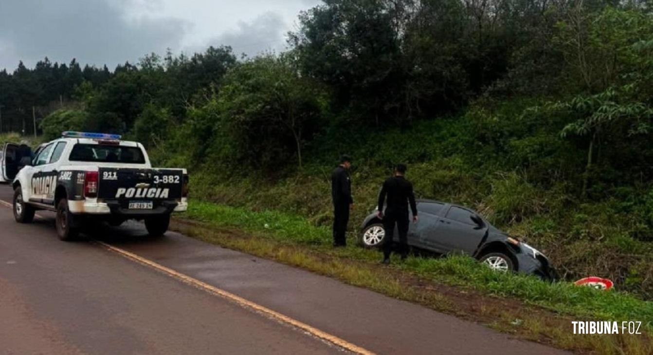 Condutor sai da pista, atropela placa de sinalização e sai ileso na Ruta 12 em Puerto Esperanza, na Argentina