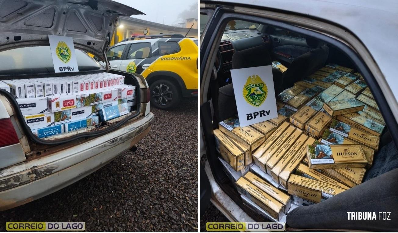 Motorista foge da abordagem e abandona carro com 500 pacotes de cigarros na BR-277 em Santa Tereza do Oeste