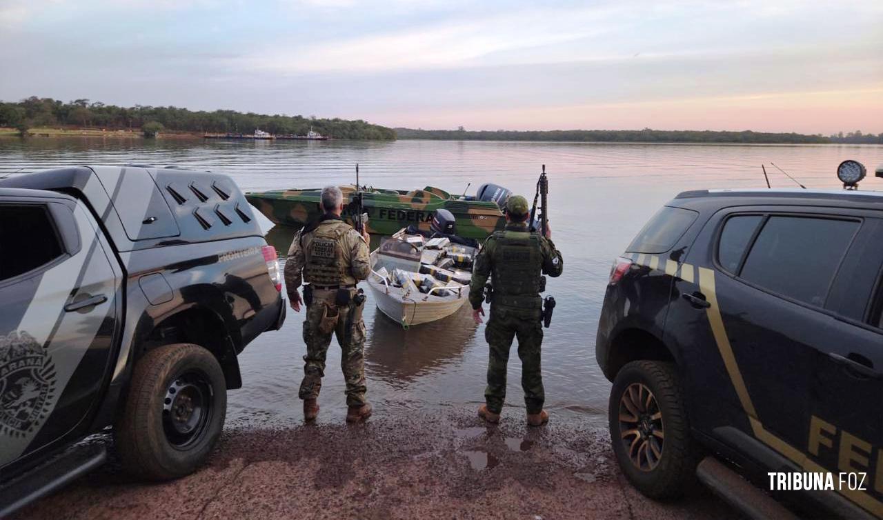 PF e PM apreendem 540 kg de maconha em embarcação no Lago de Itaipu