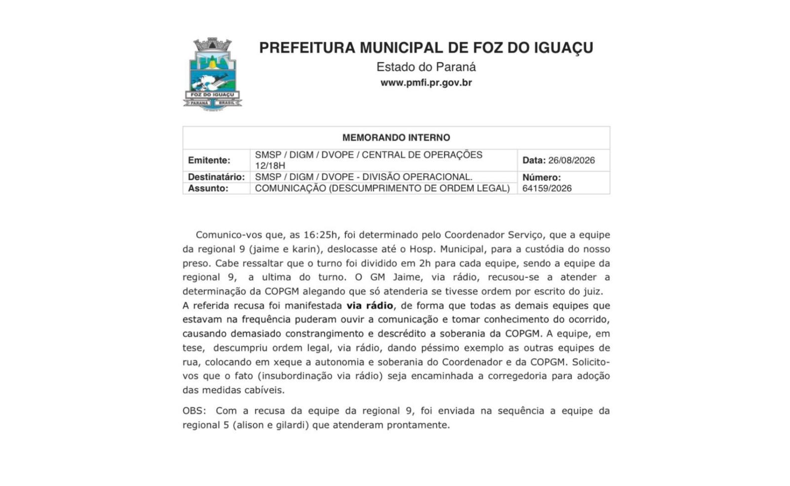 Comando da Guarda Municipal manda à Corregedoria servidor que se recusou a cumprir ordem questionada na Justiça